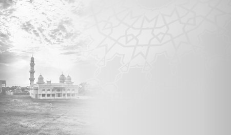 Ramadan Kareem black and white mosque background with mandala. Greeting for Ramadan Mubarak. Eid Mubarak. Happy Ramadan. Happy Eid Greeting Card Idea. Holy Month. Empty Space.の写真素材