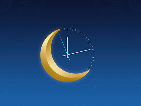 Crescent moon with a watch, Ramadan Kareem background. Greeting for Ramadan Mubarak. Eid Mubarak. Happy Ramadan. Happy Eid Greeting Card Idea. Holy Month. Empty Space.の写真素材