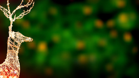 Christmas Holiday Banner. Christmas Background. Bokeh Background. Christmas Decoration Reindeer. Copy Space.の写真素材