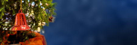 Christmas Holiday Banner. Christmas Background. Bokeh Background. Christmas Tree. Christmas Bell. Copy Space.の写真素材