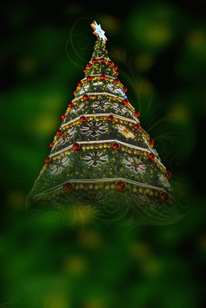 Christmas Tree on a green bokeh background with floral swirl. Christmas Greeting. Copy Space.の写真素材