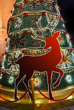 Christmas Decoration Reindeer. Christmas Tree. Christmas Background. Copy Space.の写真素材