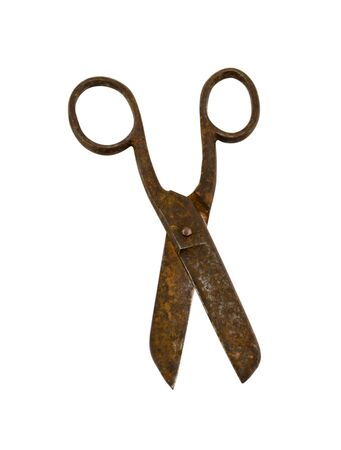 rusty old retro scissors isolated on white background  の写真素材