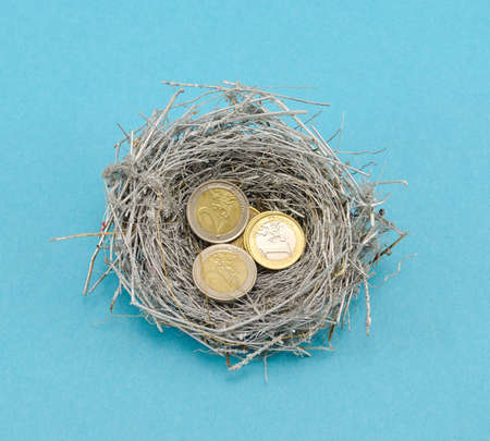 small silver bird nest and euro coins money on blue background. の写真素材