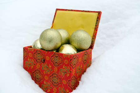 christmas tree toys in retro colorful box on winter snowbank snow. の写真素材