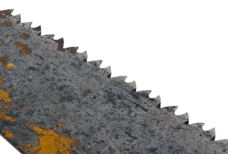 closeup of rusty retro hand saw handsaw tool metal blade isolated diagonally on white background の写真素材