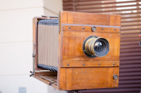 vintage old big wooden photo camera box  retro photography technology  の写真素材
