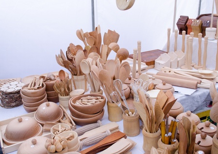handmade diy wooden kitchen utensil tools sale in market fair. の写真素材