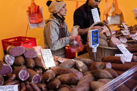 BIRZAI, LITHUANIA - OCTOBER 05: farmers sells smoked meat products assortment, bacon ham sausages on October 05, 2013 in Birzai. のeditorial素材