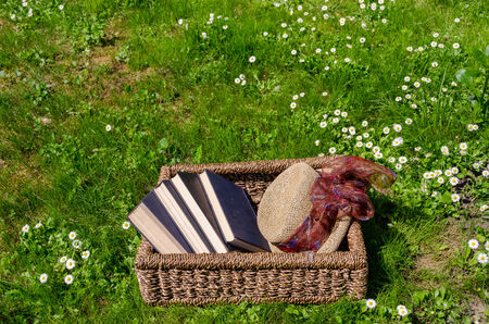 Wicker basket full of books between lawn and daisy flowers and retro hat. の写真素材