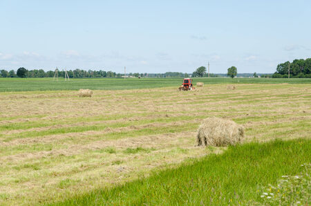 Dry haystack roll and blur tractor work ted hay in agriculture field. の写真素材