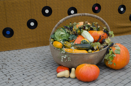 autumn harvest decoration of big variety garden vegetable in wicker backet の写真素材