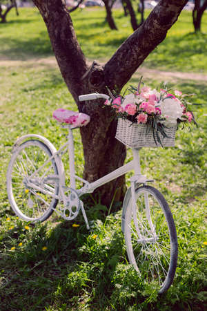 white vintage bicycle with a wedding bouquet in a basketの写真素材