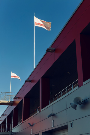 Moscow region, Russia - 27 August : route Moscow raceway tthe flags above the boxes where there are motorcycles and cars racers in day of Russian cinema 27 August, 2016.のeditorial素材