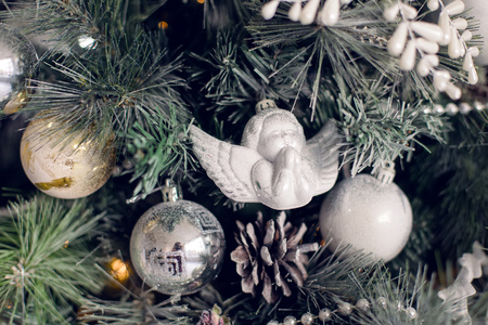 Christmas tree in the room in the snow, decoratedの写真素材