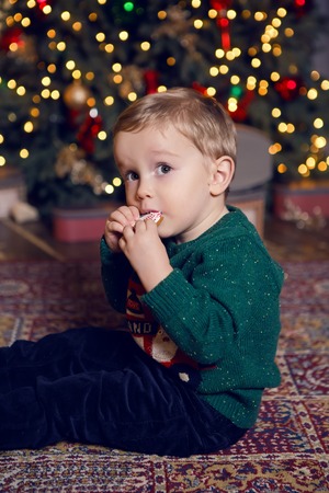 baby boy sitting near Christmas tree and eating cookies, gingerbread