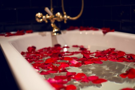 petals of red roses in a white bathroom with black tiles and gold tapsの写真素材