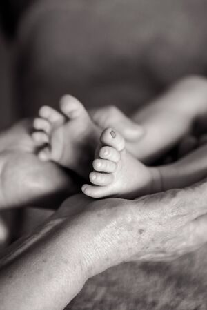 great-grandmother holds the legs of his grandsonの写真素材