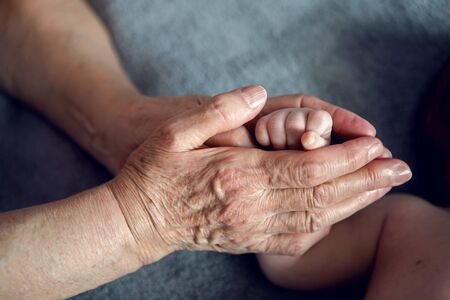 great-grandmother holds the hands of his beloved grandson by the windowの写真素材