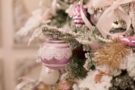 Christmas tree with ornaments and inscription Merry Christmasの写真素材
