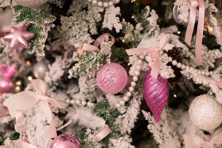 Christmas tree with ornaments and inscription Merry Christmasの写真素材