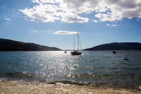 Herceg Novi, Montenegro - September 22: white big empty yacht anchored in the Bay of Montenegro in the European day of languages on September 22, 2017のeditorial素材