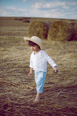 boy a child in a straw hat and blue pants stands in a mowed field with stacks in the summerの写真素材