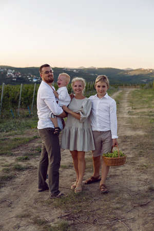 family with children, boys, stands in a grape field at sunset with a basket of green berriesの写真素材