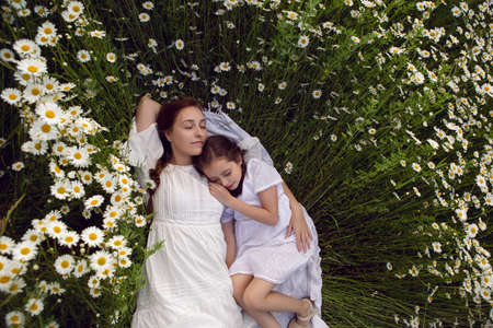 mother with daughter in a white dress lie on a camomile fieldの写真素材