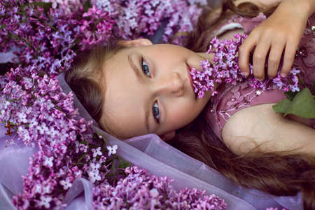 child girl in a purple floral dress lies on the ground among lilacs on a veil in springの写真素材