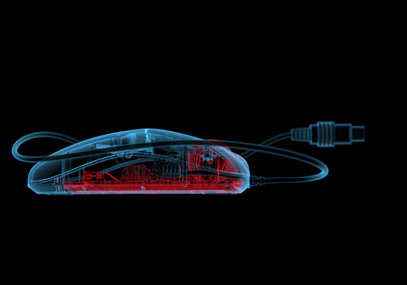 Computer mouse  3D xray red and blue transparent isolated on black background の写真素材
