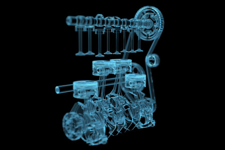 Engine  3D x-ray blue transparent isolated on black 