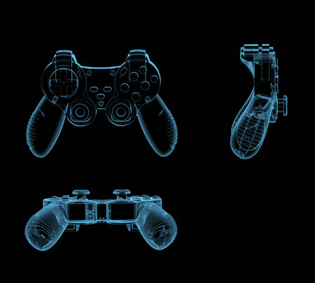 Gaming joystick  3D x-ray blue transparent isolated on black の写真素材