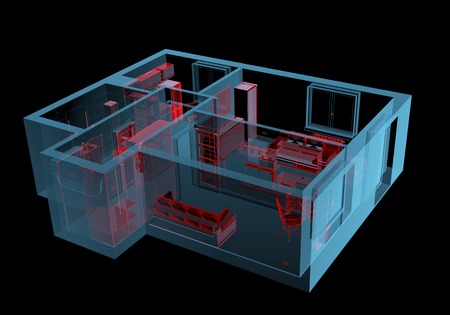 Equipped house (3D xray red and blue transparent isolated on black background)の写真素材