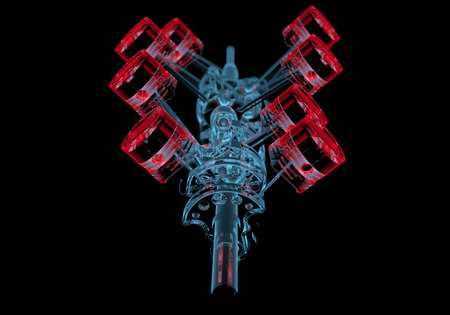 Crank shaft with pistons (3D xray red and blue transparent isolated on black background)