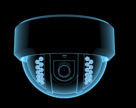 Cctv surveillance camera x-ray blue transparent isolated on blackの写真素材