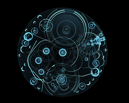 Watch internals x-ray blue transparent isolated on blackの写真素材