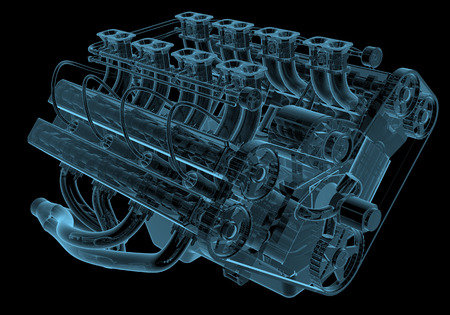 Car engine x-ray blue transparent isolated on blackの写真素材
