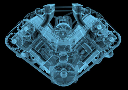 Car engine x-ray blue transparent isolated on blackの写真素材
