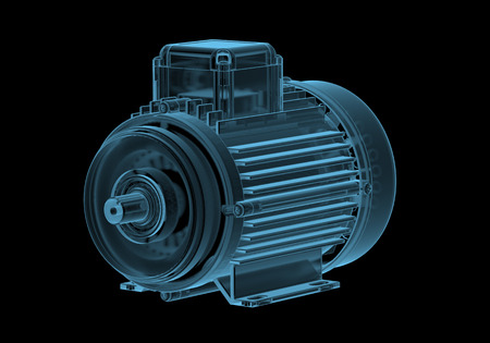 Electric motor with internals x-ray blue transparent isolated on blackの写真素材
