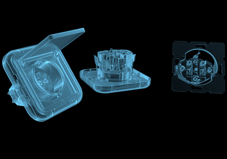 Electric outlet x-ray blue transparent isolated on blackの写真素材