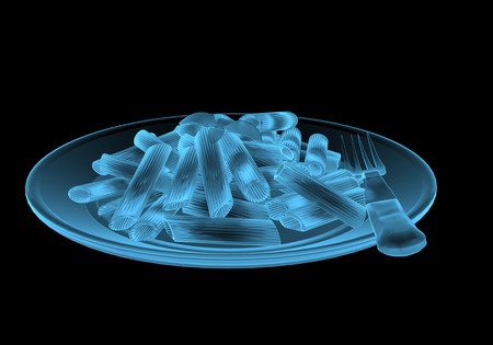 Fast food pasta x-ray blue transparent isolated on blackの写真素材