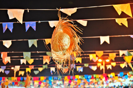 Traditional straw hat for decoration. Brazilian Festival of SÃ£o JoÃ£o and Festa Junina. Straw...