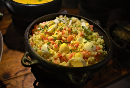 Egg salad with potatoes and carrots. Brazilian food made with eggs, onions, potatoes, carrots and a...