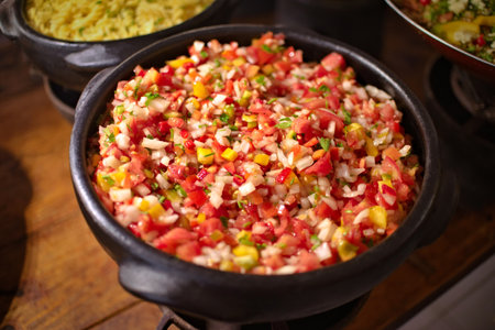 Vinaigrette sauce in a clay pot. Accompaniment for barbecue meat, also known as vinaigrette and worldwide known as Brazilian sauceの写真素材