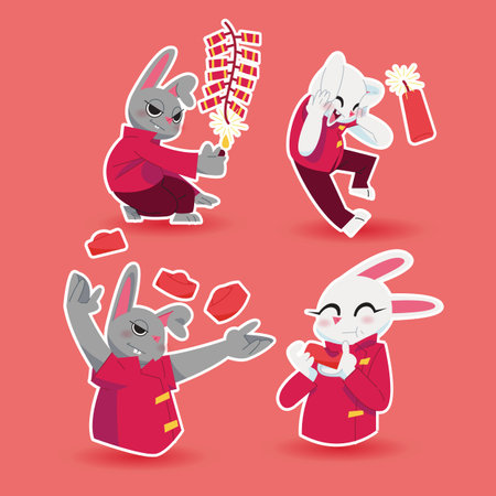 Welcoming Chinese New Year by lighting fireworks and firecrackers and eating moon cakes in flat designのイラスト素材