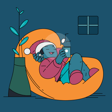 santa claus enjoying his work time on christmas eve in flat designのイラスト素材