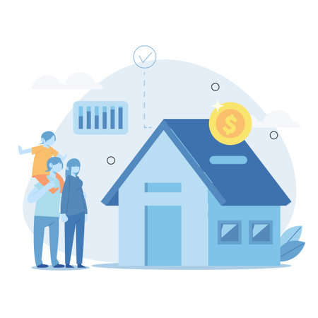Family buying home with mortgage and paying credit to bank. People invest money in real estate property. House loan, rent and mortgage Concept. Flat cartoon vector illustration.のイラスト素材