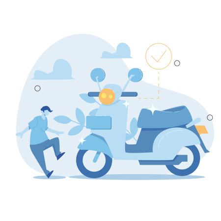 People who buy new motorcycles. First impression of seeing the new motorbike. Vector illustrationのイラスト素材