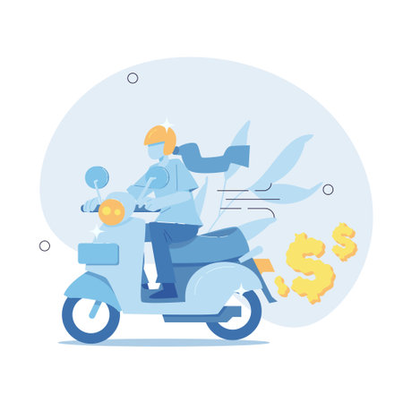 The new motorbike is very comfortable to ride. Riding a motorbike in the midst of the scarcity and high price of gasoline. Vector Illustrationのイラスト素材